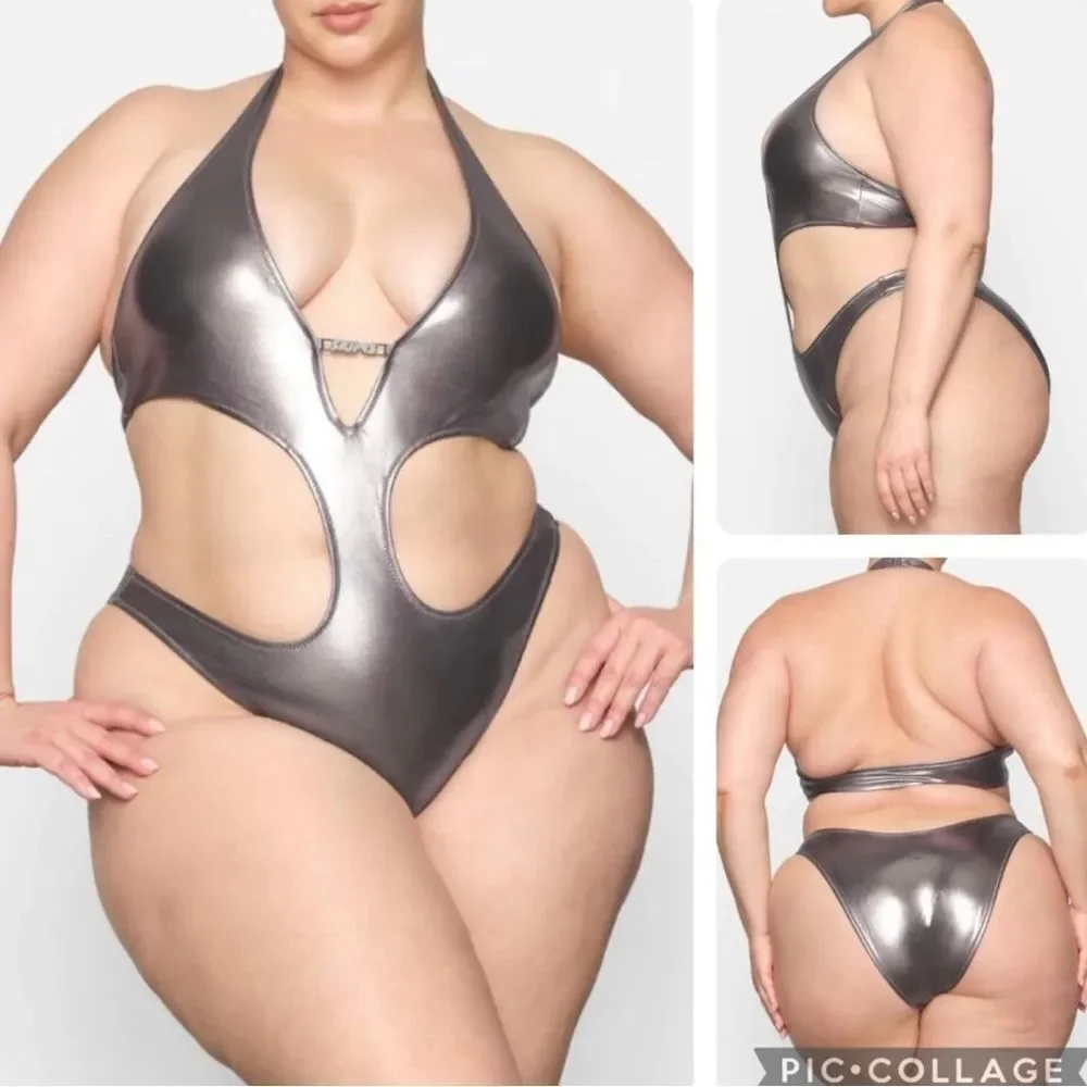 Skims metallic swim halter monokini in nickel swimsuit one piece 2X